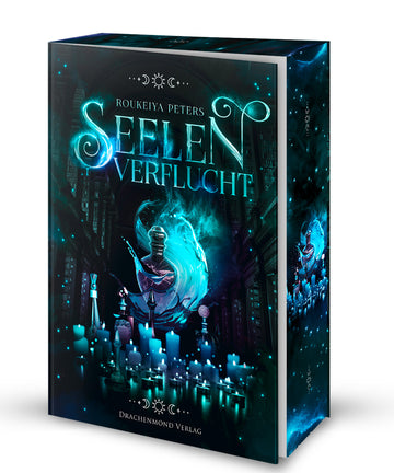 Das Cover zeigt eine Bibliothek, auf deren Boden mittig verschiedene Kerzen und Phiolen angeordnet sind. Mittig ist eine große Phiole inmitten eines Wasserstrudels. Der Titel steht in großen Buchstaben darüber. Sowohl Cover als auch Buchschnitt sind in Türkis- und Violetttönen gehalten.